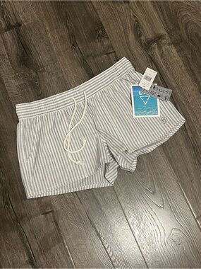 NWT EVO Striped white & Gray Cotton Shorts Drawstring Coastal Beach Women’s Lg